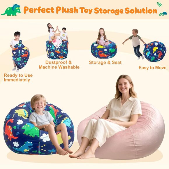 Dinosaur Stuffed Animal Storage Bean Bag Chair Holds 60+ Plush Toys, Washable - Picture 3 of 5